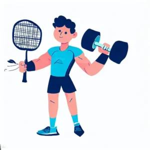 joueur de badminton qui tient une haltère dans sa main et une raquette dans l'autre