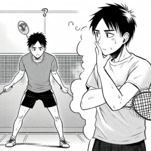 un joueur de badminton qui hésite entre jouer tout seul, donc en simple ou de jouer avec son partenaire pour faire du double, style manga