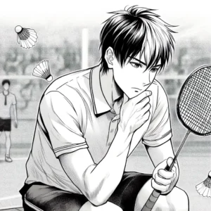 un joueur de badminton qui réfléchit à une stratégie pour gagner son match en simple, style manga
