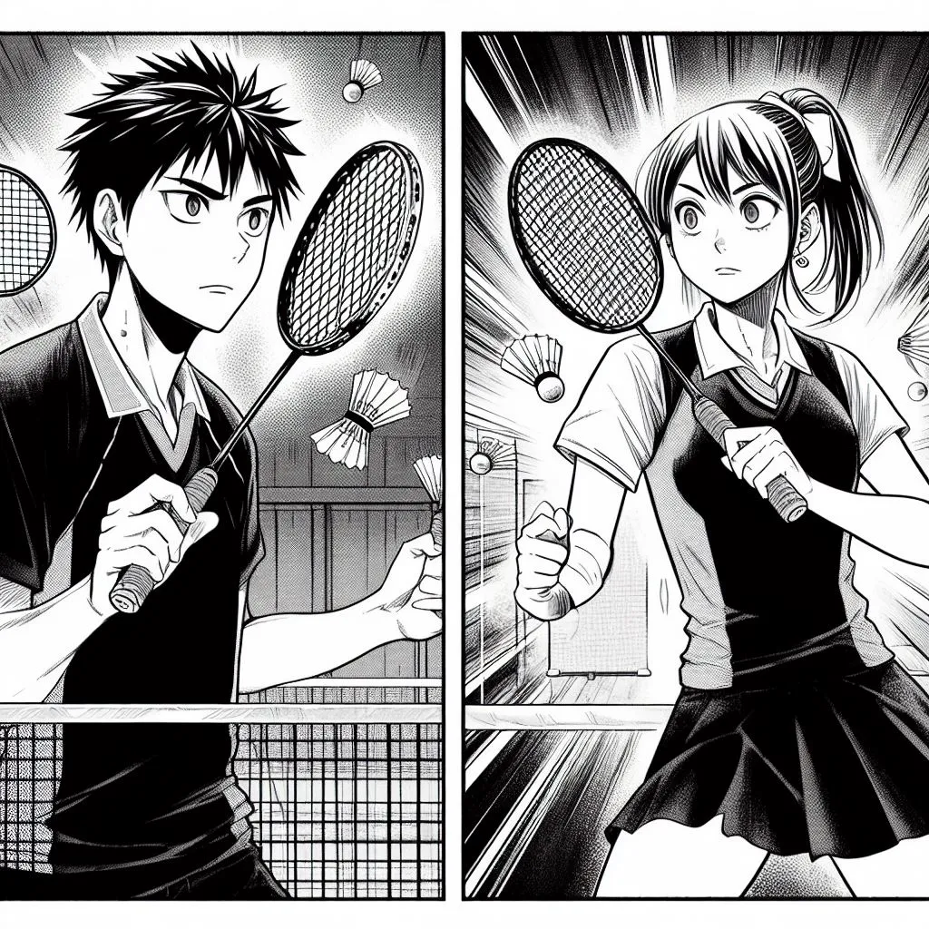 joueur et joueuse de badminton qui recherche des partenaires de double. Style manga noir et blanc
