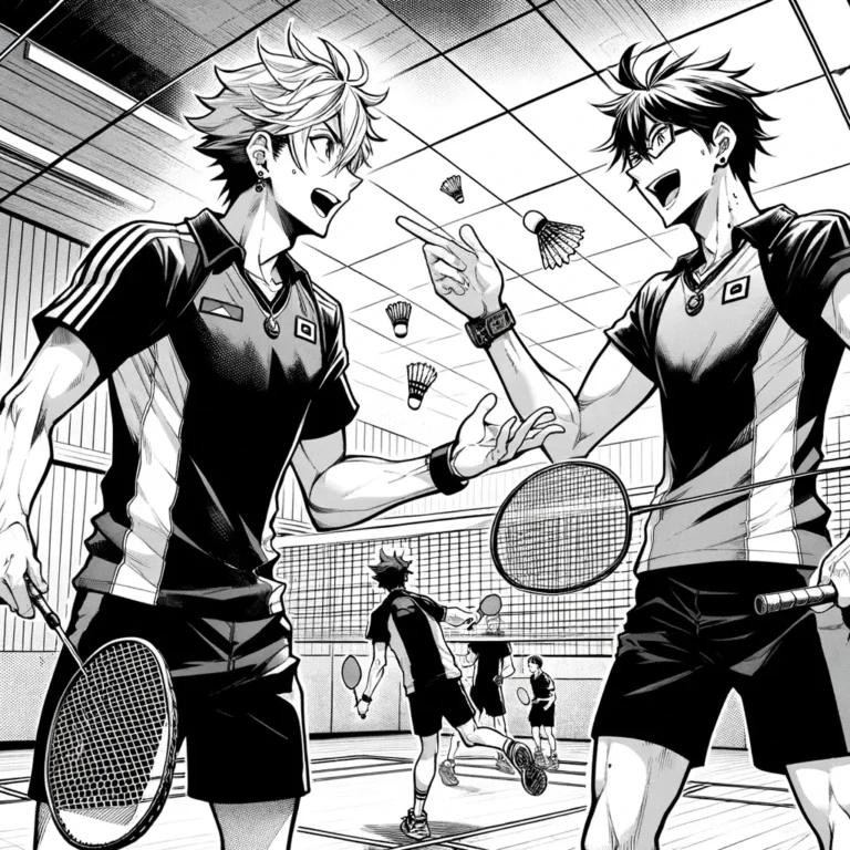 A-dynamic-scene-in-a-manga-style-black-and-white-depicting-two-badminton-players-searching-for-doubles-partners.-The-scene-is-set-in-a-badminton
