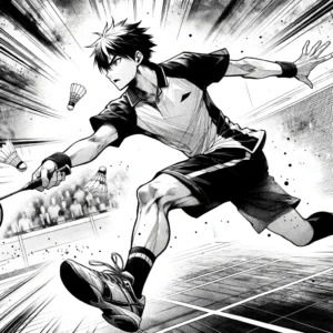un joueur de badminton qui est gaucher lors d'un match de badminton, style manga