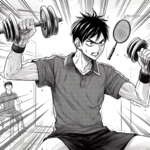un joueur de badminton qui travaille ses avants bras avec des haltères. Style manga